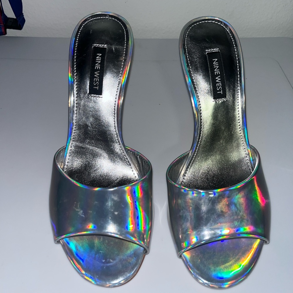 Nine West Silver Chrome Square Toed Heeled Sandal Size 7